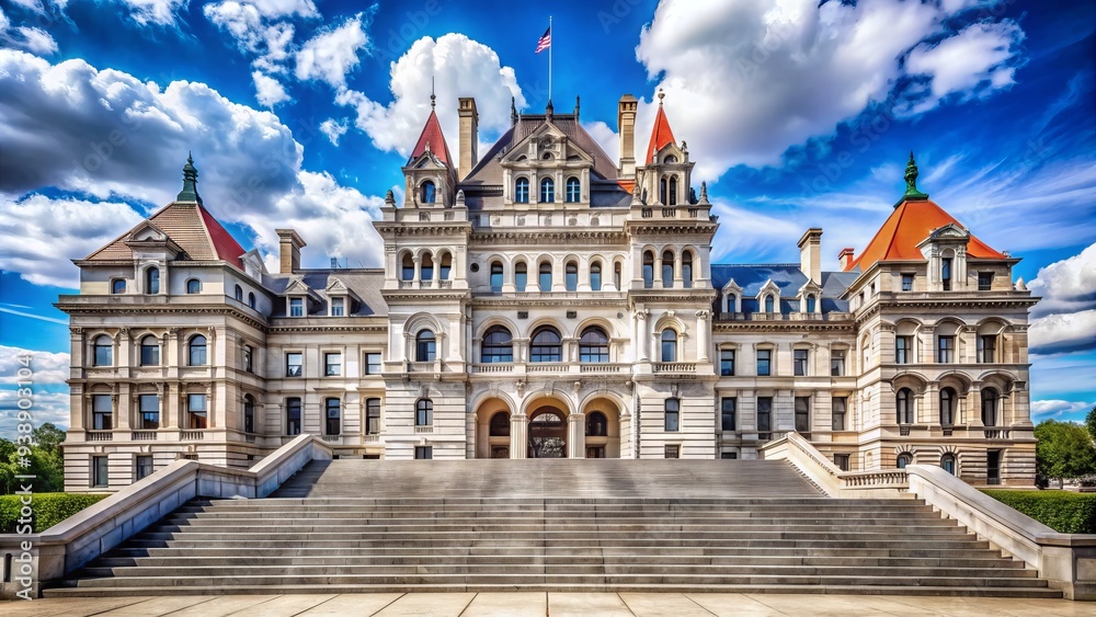 Obraz premium Elegant Capitol building in Albany, New York, features grand staircase, ornate architecture, and majestic dome, set against a clear blue sky with fluffy white clouds.