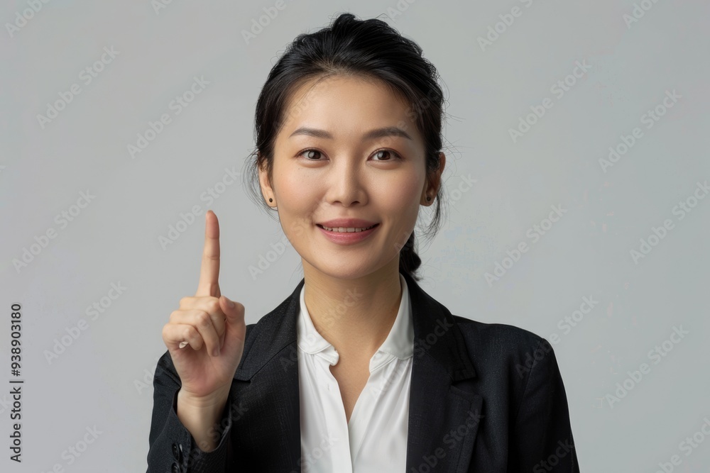 Smiling asian business woman pointing up and looking at the camera over gray background Smiling asian business woman pointing up and looking at the camera over gray background