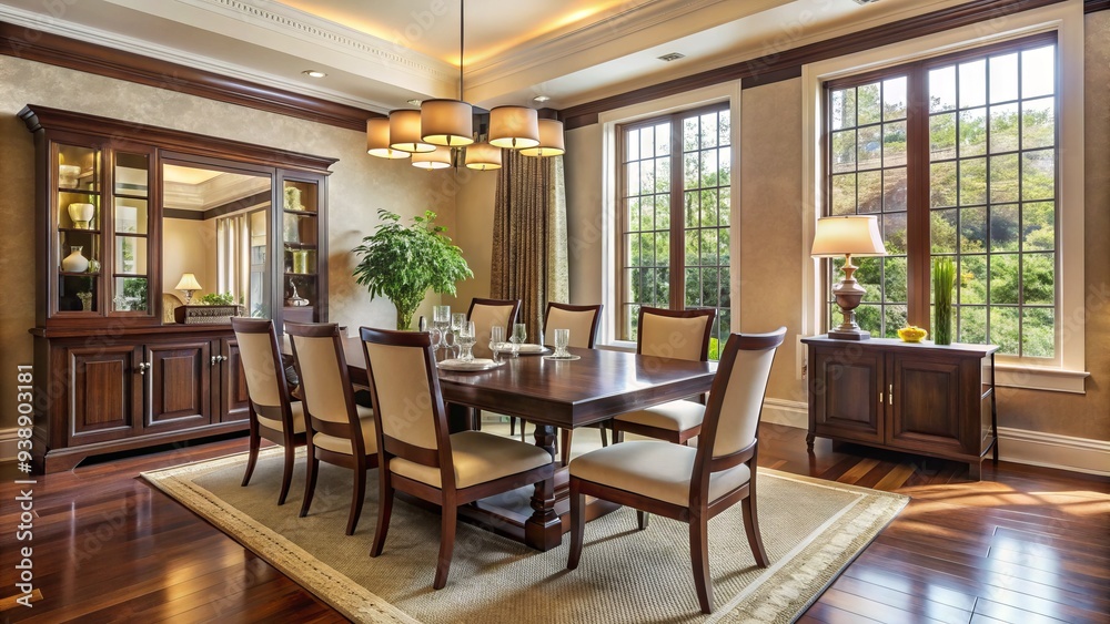 Fototapeta premium Elegant dining room interior with dark wood furniture, cream-colored walls, and large windows allowing natural light to flood the space with warmth and sophistication.