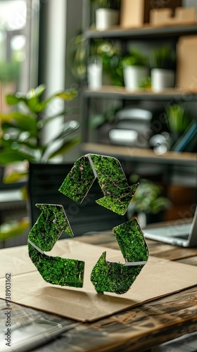 This image portrays an eco-friendly office space with a green recycling symbol placed on a table, highlighting environmental awareness and sustainable practices in a professional setting. photo