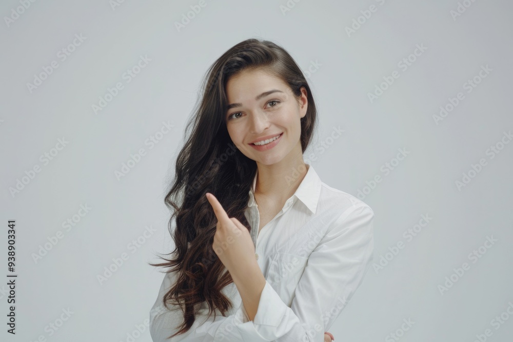 Smiling brunette businesswoman pointing at side. Smiling brunette businesswoman pointing at side.