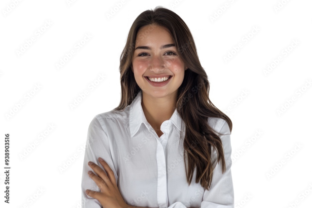 Confident brunette business woman student smiling with folded arms. Confident brunette business woman student smiling with folded arms.