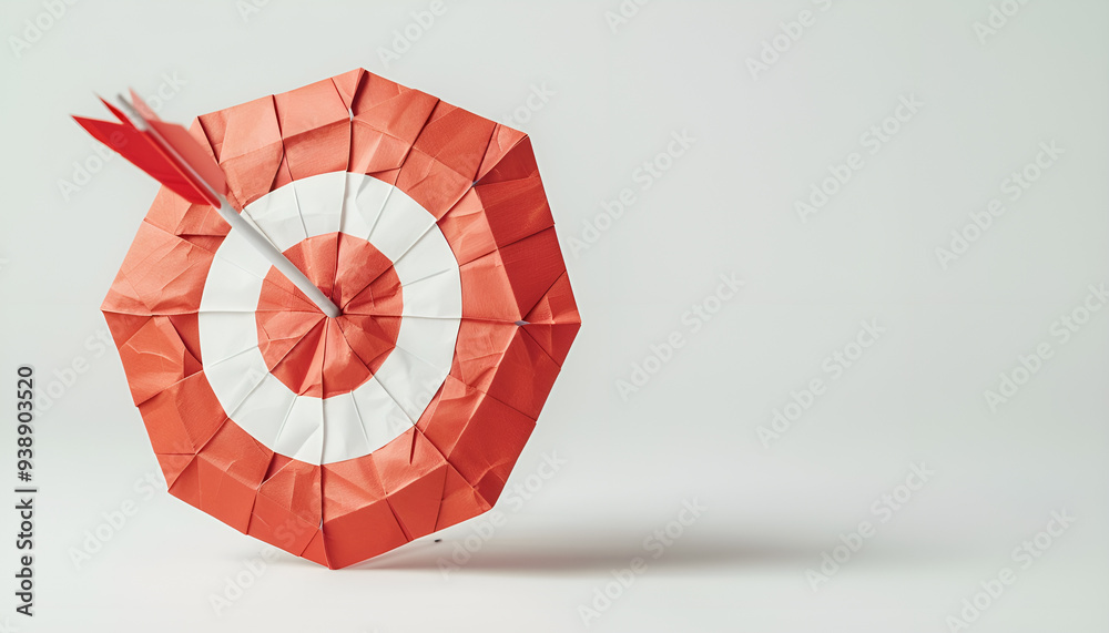 Obraz premium archery hunting bow and arrow concept origami of red and white bullseye target, isolated on white background with copy space side view, simple starter craft for kids