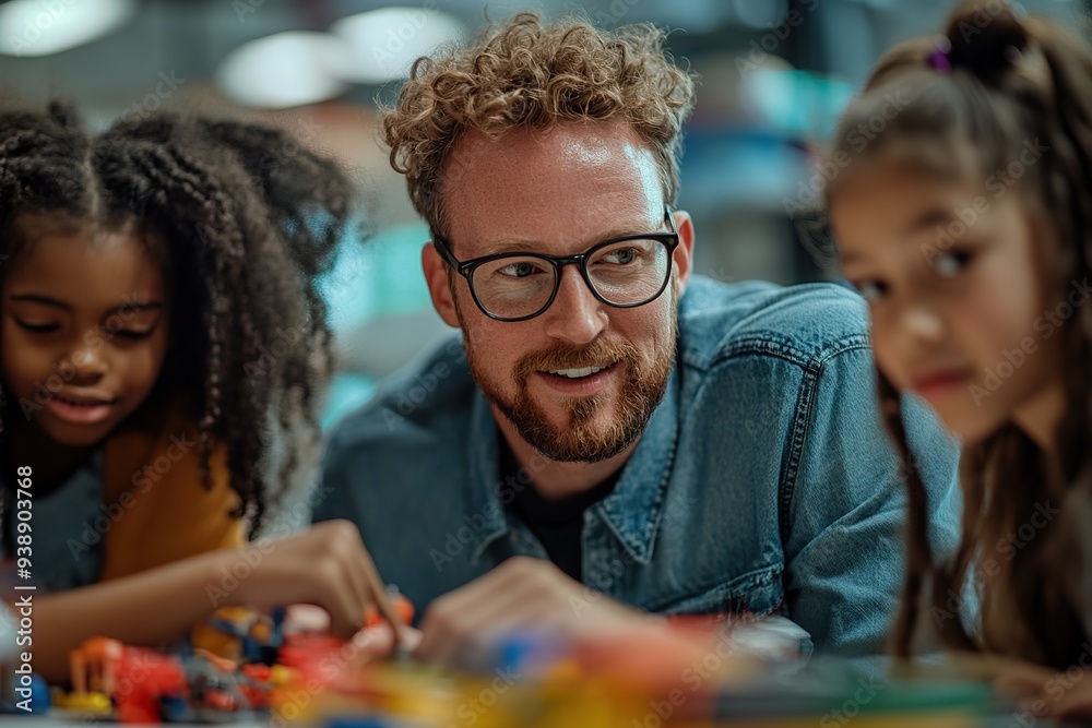 Photograph a teacher assisting students during a hands-on learning activity in a makerspace Photograph a teacher assisting students during a hands-on learning activity in a makerspace