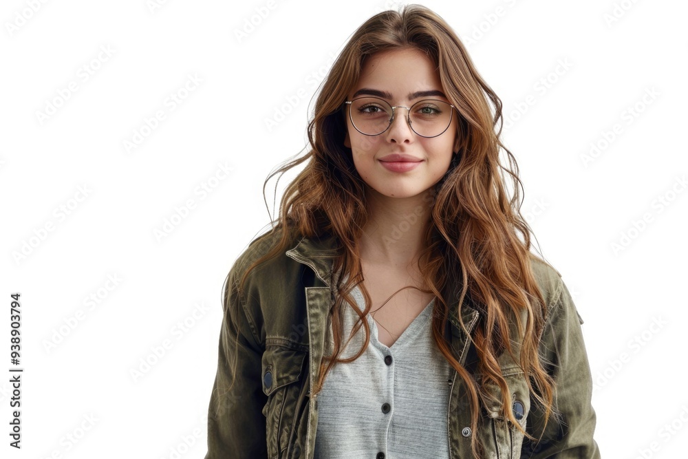 Smiling woman in glasses and jacket posing for portrait. Smiling woman in glasses and jacket posing for portrait.