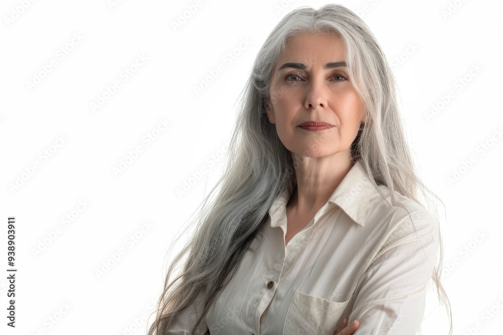Professional mature woman with long gray hair in office attire. Professional mature woman with long gray hair in office attire.