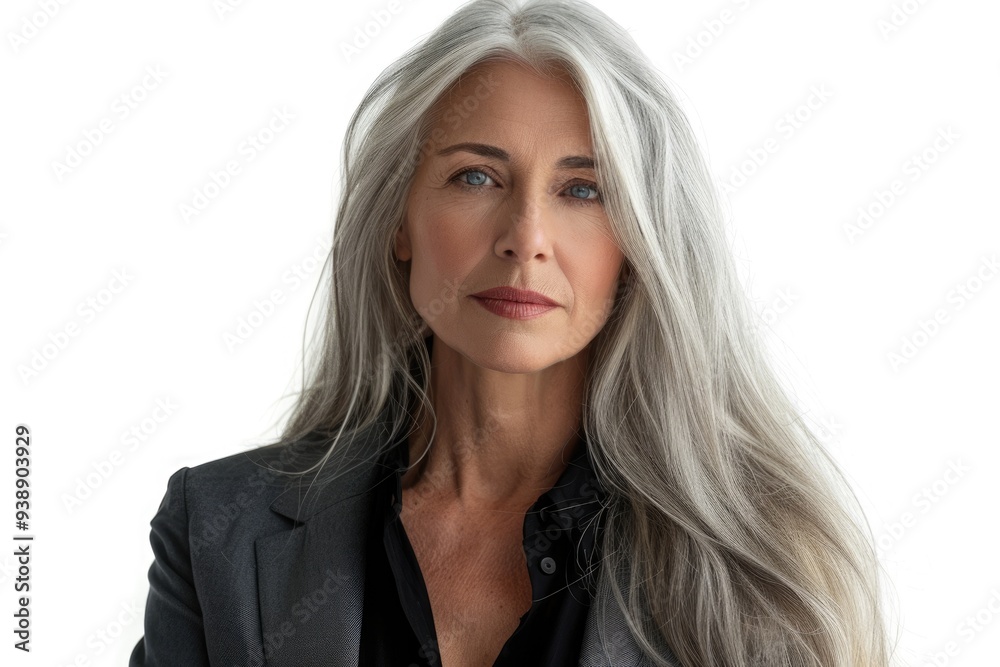 Professional mature woman with long gray hair in office attire. Professional mature woman with long gray hair in office attire.