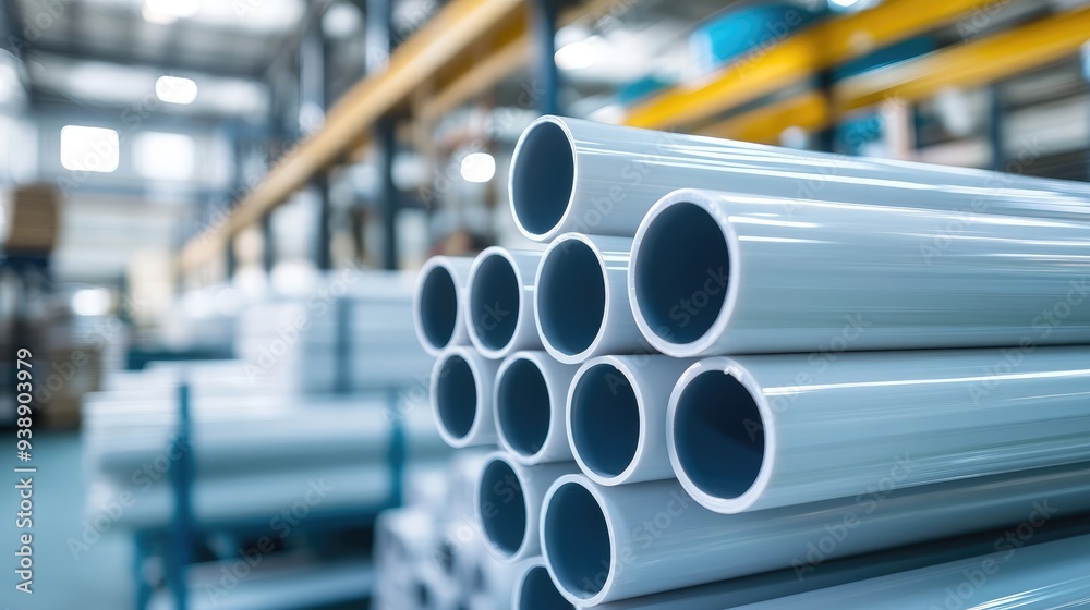 Warehouse Storage of Large Plastic Pipes Arranged in a Row Warehouse Storage of Large Plastic Pipes Arranged in a Row
