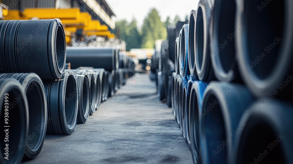 Warehouse Storage of Large Plastic Pipes Arranged in a Row Warehouse Storage of Large Plastic Pipes Arranged in a Row