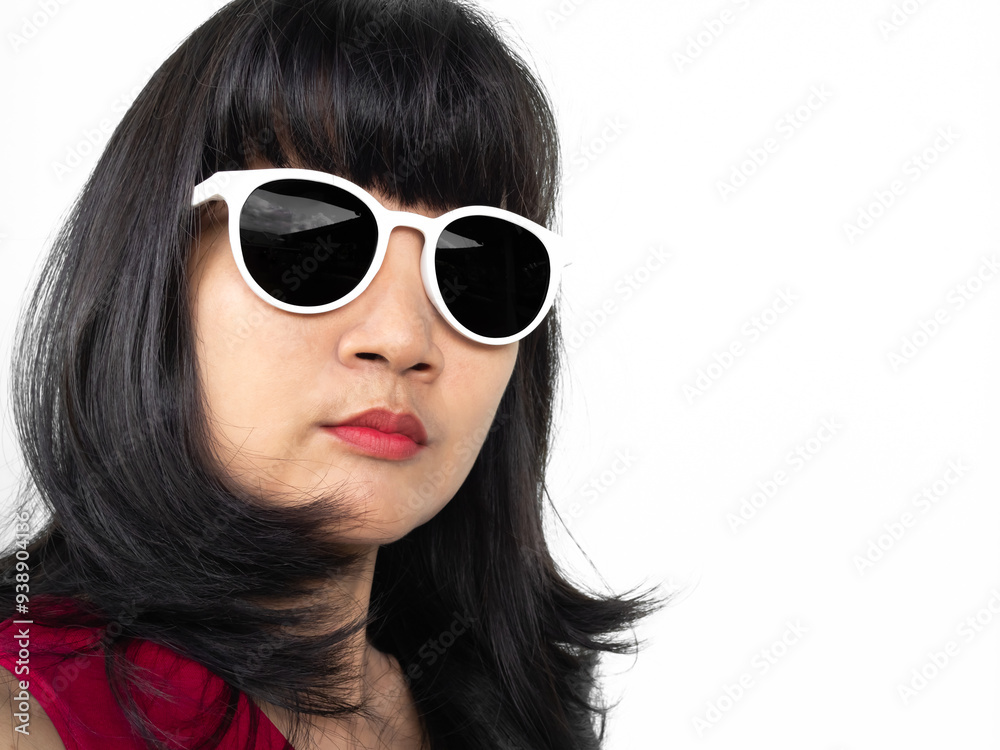Fototapeta premium Woman sunglasses brown Hair lifestyle travel summer tropical, young people face skin tan model Portrait girl pretty posing, eye patch pterygium surgery eye medical,concept for health.