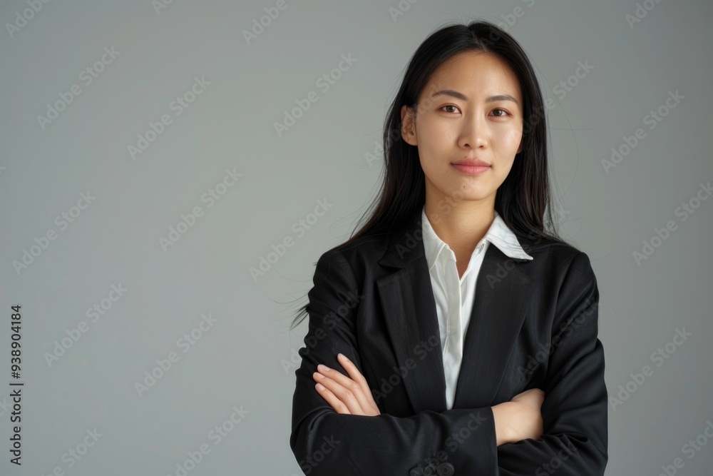 Pleased asian business woman with crossed arms looking at the camera over gray background Pleased asian business woman with crossed arms looking at the camera over gray background