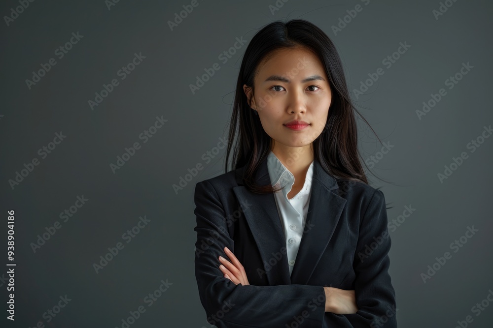 Pleased asian business woman with crossed arms looking at the camera over gray background Pleased asian business woman with crossed arms looking at the camera over gray background