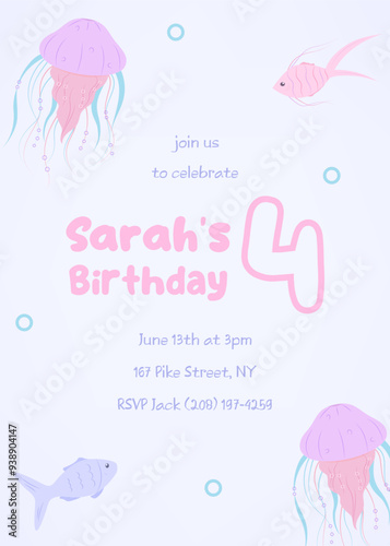 Kids' birthday under-the-sea invitation. Festive fourth birthday card with soft colors, fish, and jellyfish in a charming flat design.