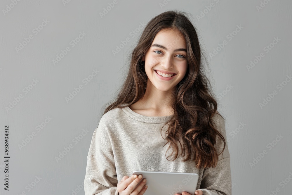 Happy girl with tablet smiling on grey background. Happy girl with tablet smiling on grey background.
