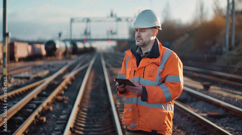Railway engineer wearing a safety jacket and helmet, inspecting the tracks while holding a tablet at a rail yard