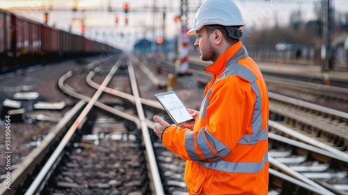 Railway engineer wearing a safety jacket and helmet, inspecting the tracks while holding a tablet at a rail yard