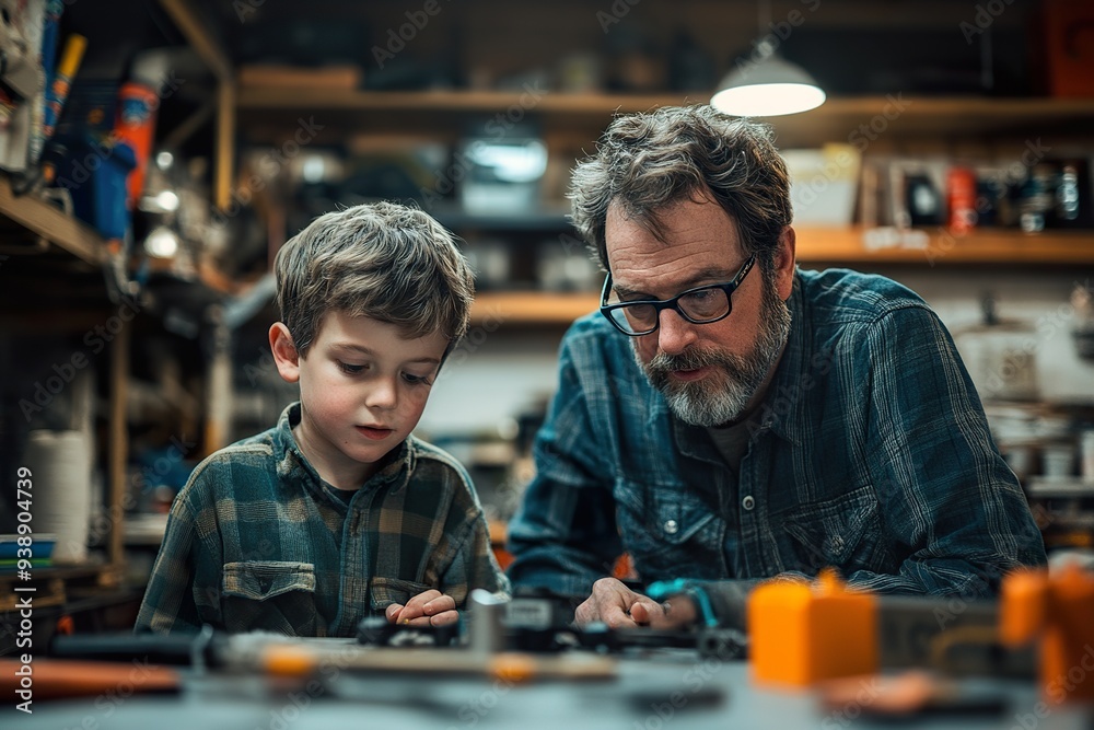 Show a father and son working on a DIY project in the garage Show a father and son working on a DIY project in the garage