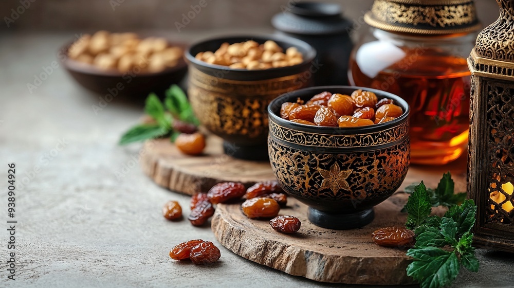 Ramadan Kareem with Islamic star and crescent, bowl of dried dates, nuts, cup of tea, wooden lantern, and rosary on white background. Ramadan Kareem with Islamic star and crescent, bowl of dried dates, nuts, cup of tea, wooden lantern, and rosary on white background.