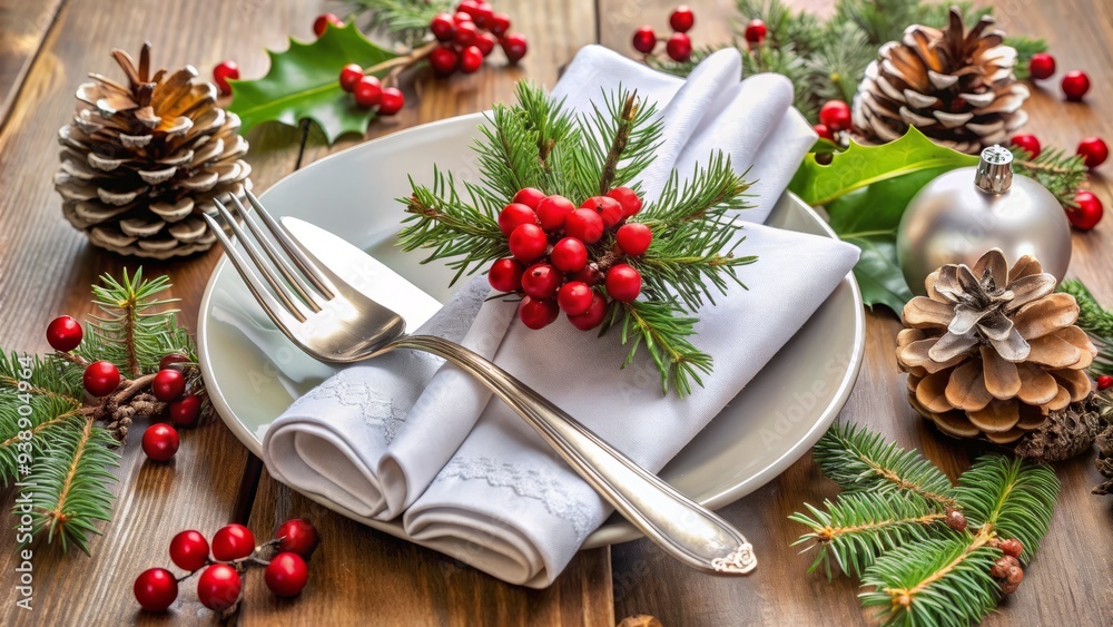 Elegant silverware lies on a crisp white napkin, surrounded by festive holly and pinecones, evoking a sophisticated and merry Christmas dinner table setting. Elegant silverware lies on a crisp white napkin, surrounded by festive holly and pinecones, evoking a sophisticated and merry Christmas dinner table setting.