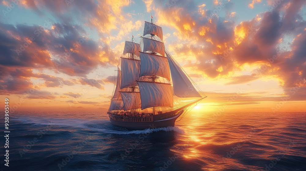 Obraz premium A majestic sailing ship with billowing sails gracefully navigating the open sea under a vibrant sunset