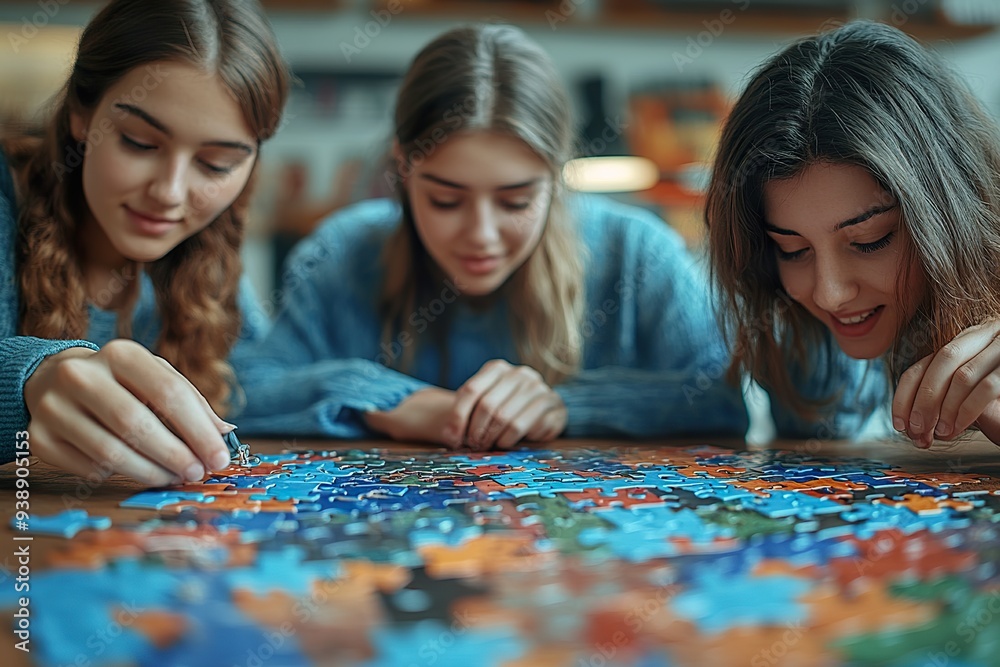 Fototapeta premium Show a group of students working together to solve a puzzle or problem