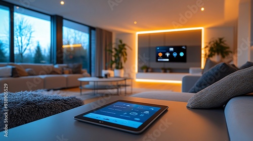 A modern living room with a tablet on a coffee table, displaying a smart home app interface for controlling devices and monitoring security