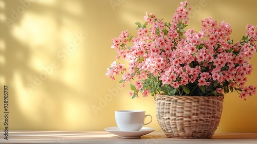 Rattan basket with pink flowers, gift box, and coffee cup on pastel yellow background for Happy Mother's Day and International Women's Day, feminine concept.