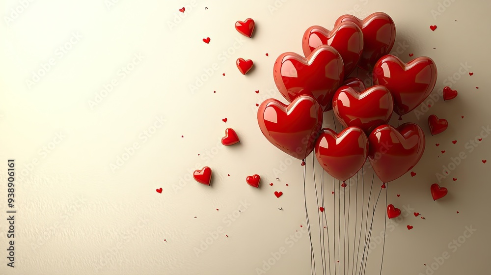 red heart-shaped balloons on a beige background red heart-shaped balloons on a beige background
