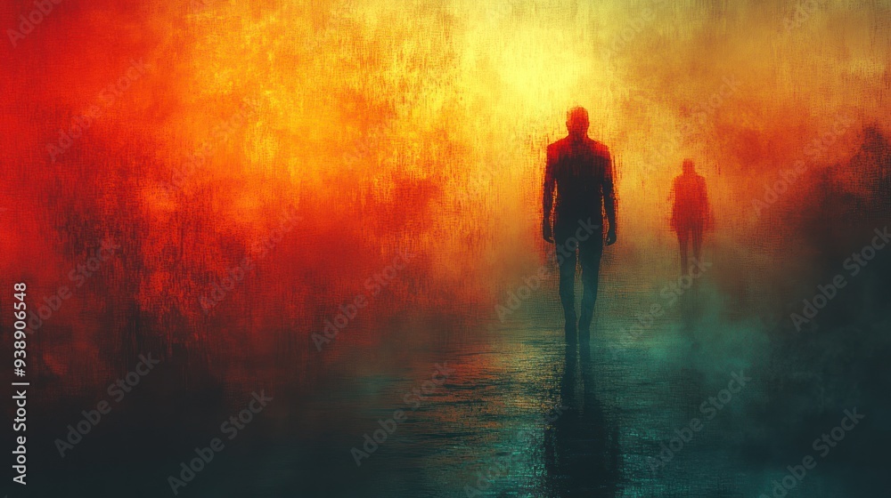 Two Figures Walking Through a Misty Landscape Two Figures Walking Through a Misty Landscape