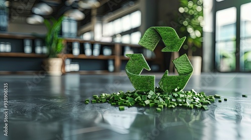 A green recycling symbol stands out among broken pieces on the floor, conveying themes of environmental consciousness, rebuilding, and recycling for a better future. photo