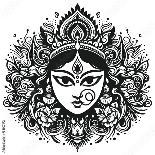 A Stunning Silhouette Illustration of Goddess Durga's Face