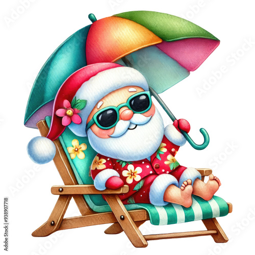 Cheerful Santa Claus relaxing on a beach chair under a colorful umbrella, enjoying a tropical vacation in festive attire. photo