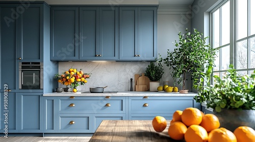 Wallpaper Mural Scandinavian interior design with blue kitchen cabinets and a dining table filled with fruits in a Nordic style room. Torontodigital.ca