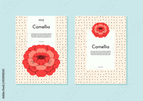 Colorful card template with camellia flower in minimalistic style