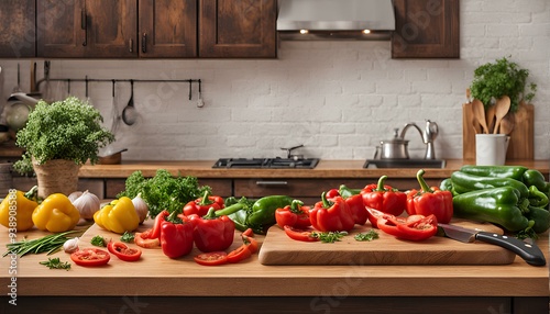 Wooden cutting board in a cozy kitchen setting, visualize a well-used cutting board with natural wood grain, placed on a rustic countertop , is adorned with freshly vegetables