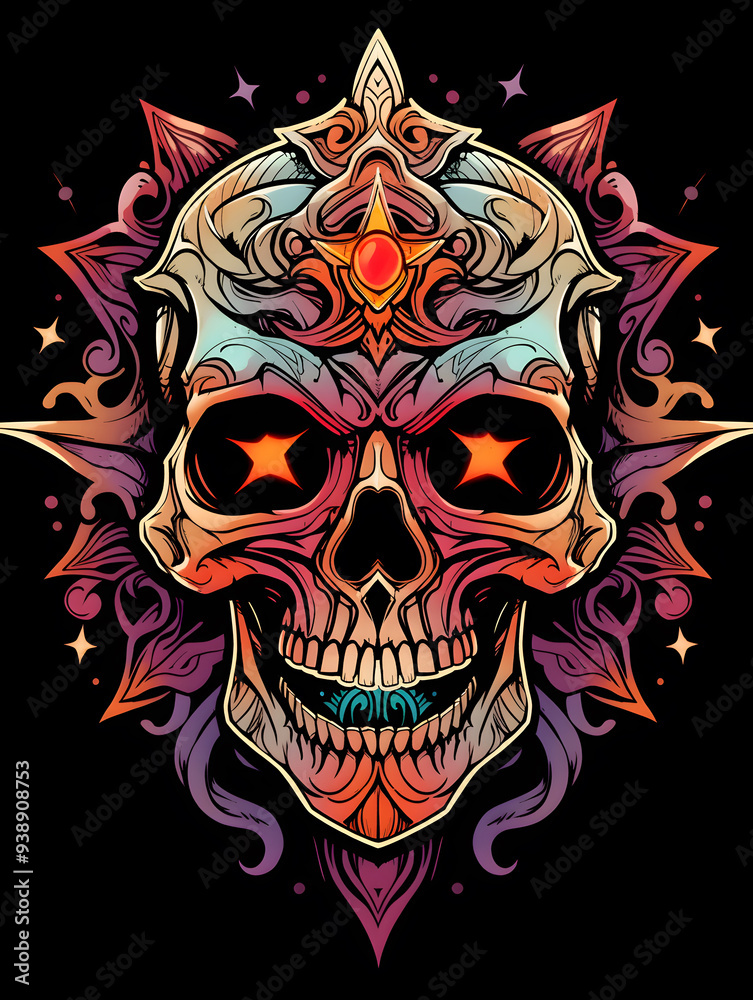 Tribal Skull and Stars Tattoo symmetry layout illustration Tribal Skull and Stars Tattoo symmetry layout illustration