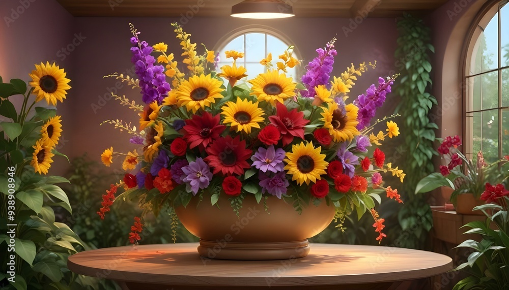 a vase with flowers in it and a round object in the background. a vase with flowers in it and a round object in the background.