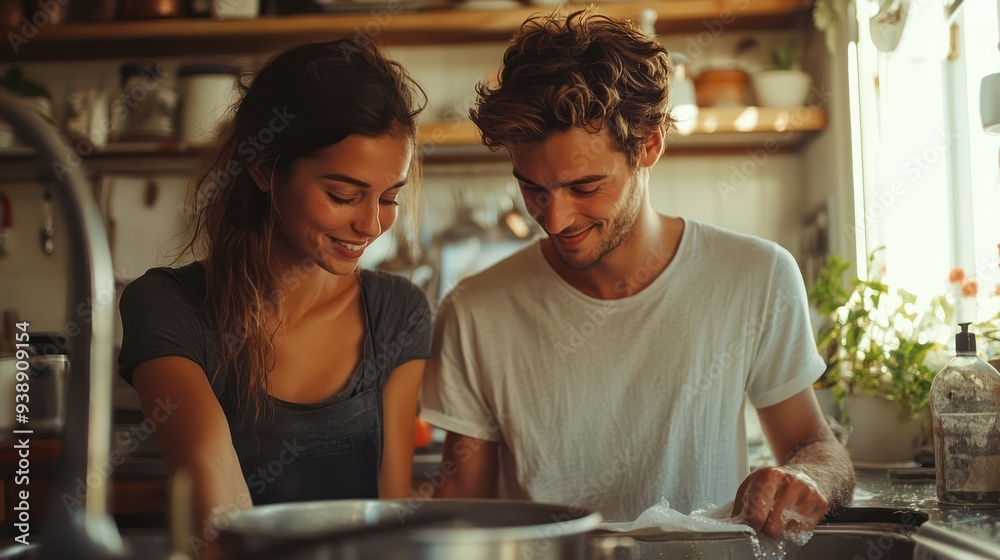 A couple is washing dishes together, finding joy in the simplicity of a shared task. A couple is washing dishes together, finding joy in the simplicity of a shared task.