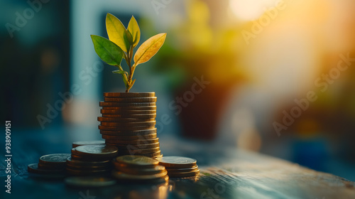 Coins stack of money and plant growing up on coins to show concept, new thinking house business, save money, investment on light bokeh photo