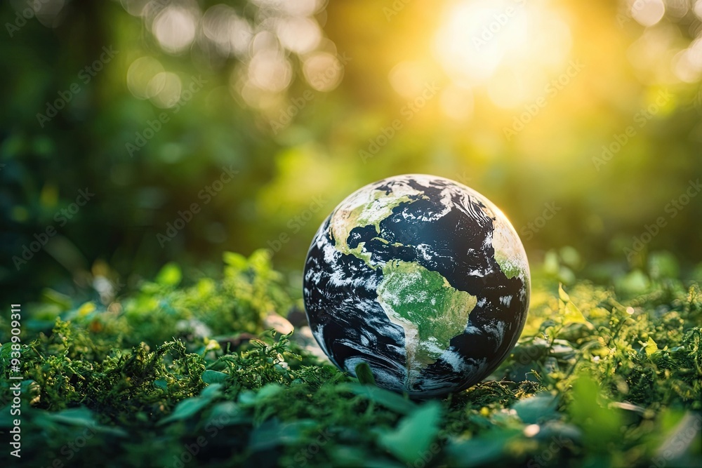 Earth globe resting on lush greenery in sunlight Earth globe resting on lush greenery in sunlight