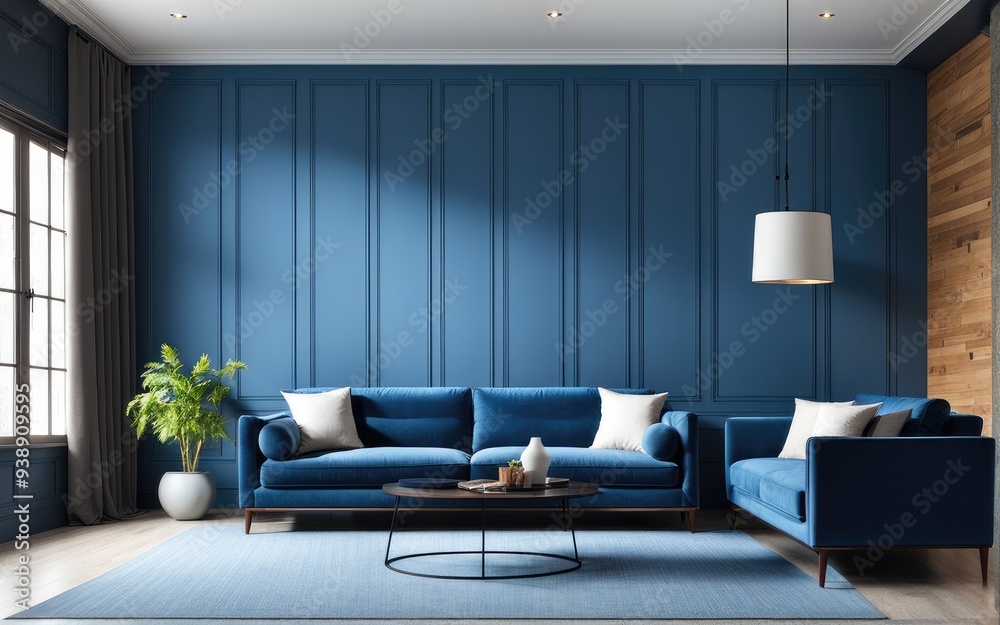 Blue sofa against paneling wall. Minimalist loft home interior design of modern living room Blue sofa against paneling wall. Minimalist loft home interior design of modern living room
