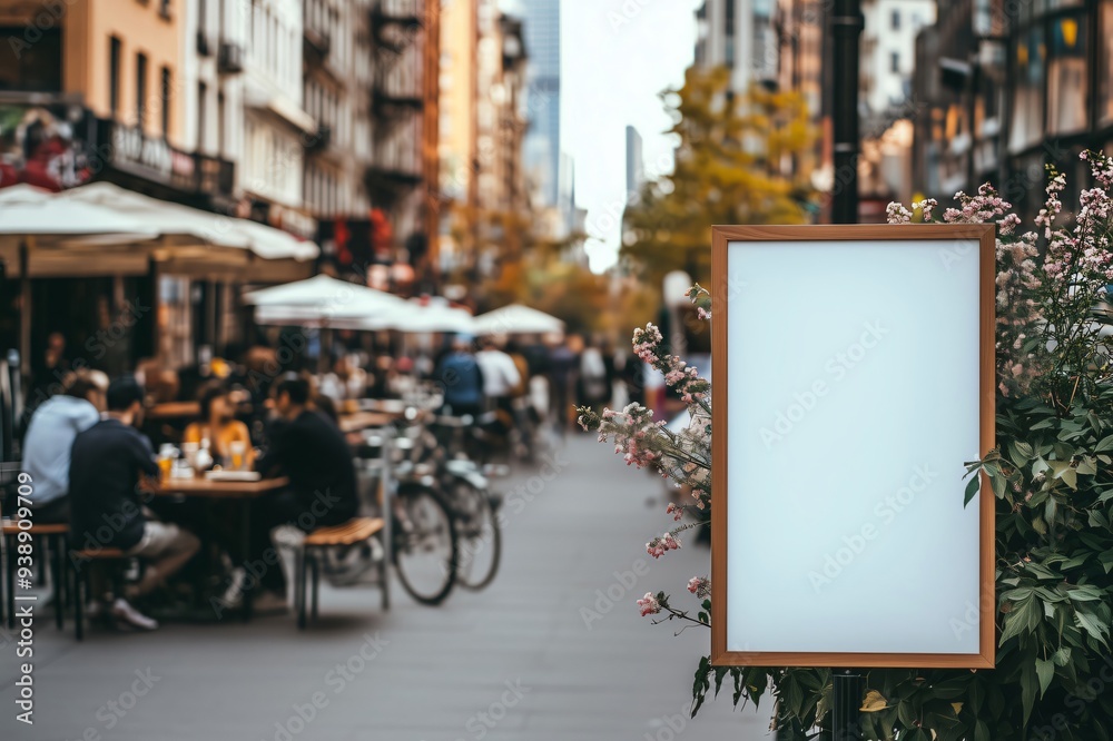 Empty signboard displayed on the street with diners enjoying food and drinks at an outdoor cafe in the background Empty signboard displayed on the street with diners enjoying food and drinks at an outdoor cafe in the background