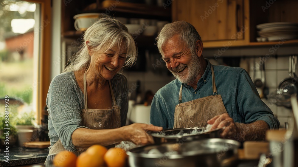 Smiles and laughter filled the kitchen as a middle-aged couple washed the dishes together. Smiles and laughter filled the kitchen as a middle-aged couple washed the dishes together.