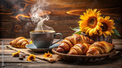 Freshly baked croissants emitting a warm, buttery aroma, surrounded by steaming cups of coffee and a vase of vibrant sunflowers on a rustic wooden table. photo