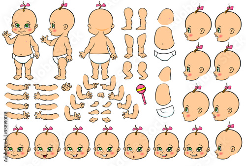 Vector cartoon style Baby Girl character for animation. Different emotions, gestures and poses. Isolated vector illustration.