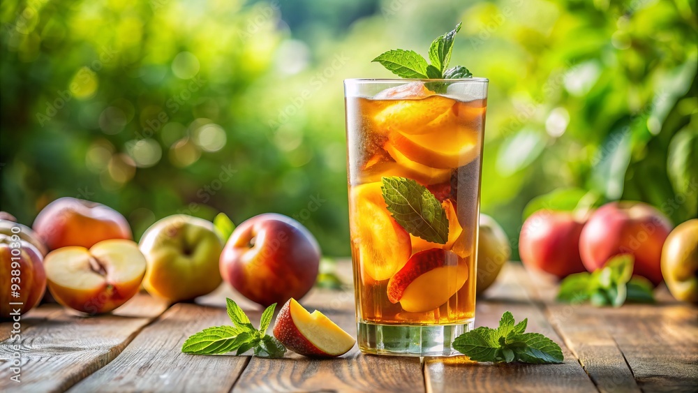 Freshly brewed iced tea infused with juicy peaches and a sprig of mint, served over ice in a tall glass on a sunny patio table. Freshly brewed iced tea infused with juicy peaches and a sprig of mint, served over ice in a tall glass on a sunny patio table.
