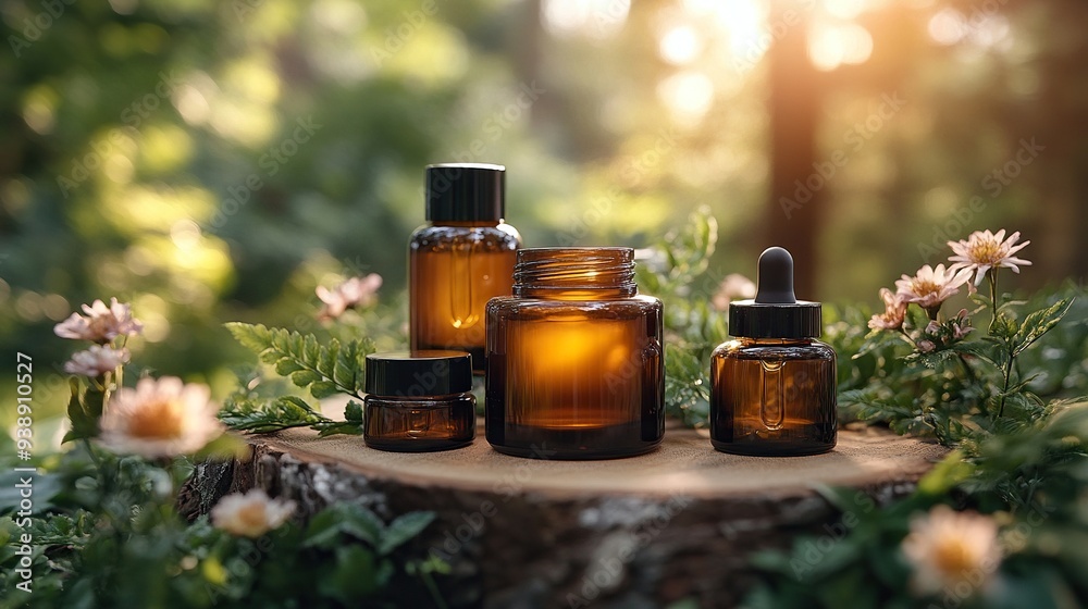 Natural organic cosmetics in amber glass packaging on a wooden branch at sunset still life.