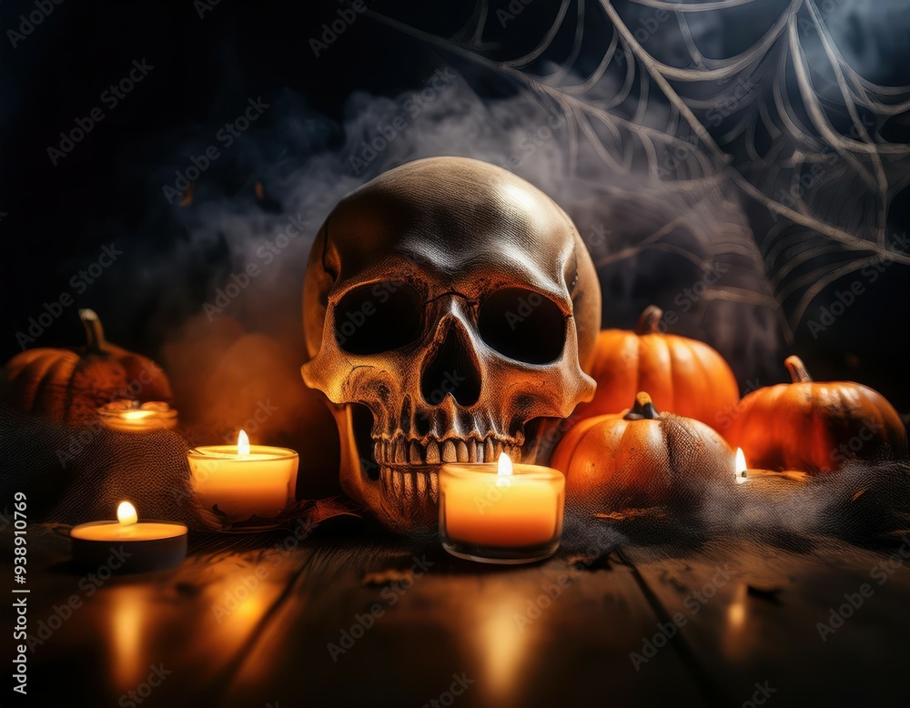 Spooky Skull with Glowing Eyes in a Haunted House Spooky Skull with Glowing Eyes in a Haunted House