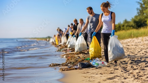 Line of young environmentalists picking up waste and garbage on the beach shore