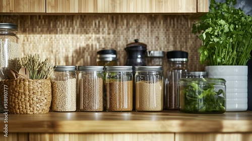 A modern, eco-friendly kitchen with bamboo cabinets, reusable containers filled with grains and spices, glass jars for bulk items, and a basket of fresh, organic vegetables 